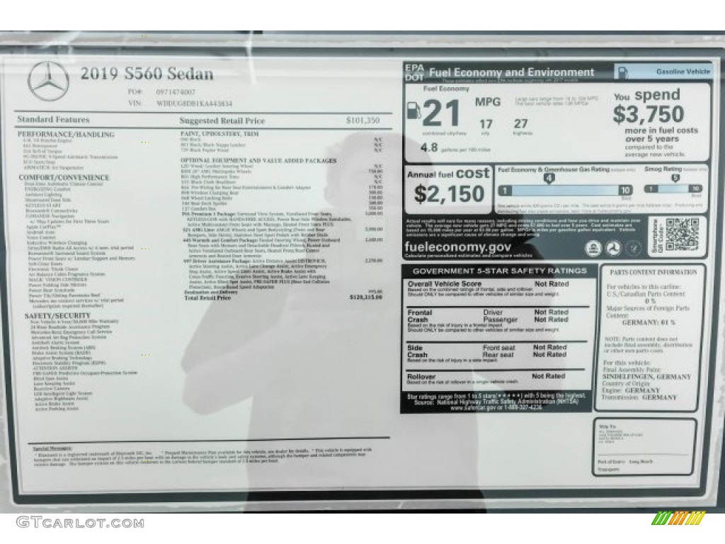 2019 Mercedes-Benz S 560 Sedan Window Sticker Photo #130019965