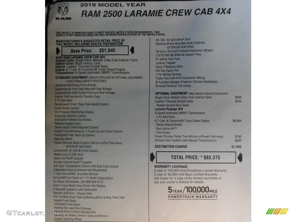 2018 2500 Laramie Crew Cab 4x4 - Bright Silver Metallic / Black photo #37