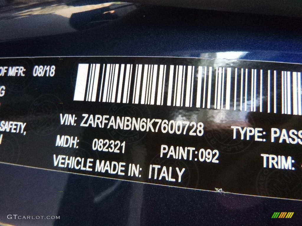 2019 Giulia Color Code 092 for Montecarlo Blue Metallic Photo #130040137