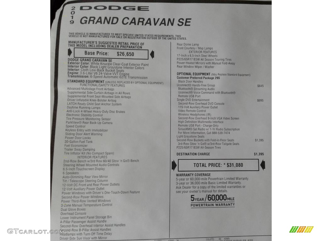 2019 Grand Caravan SE - White Knuckle / Black/Light Graystone photo #36