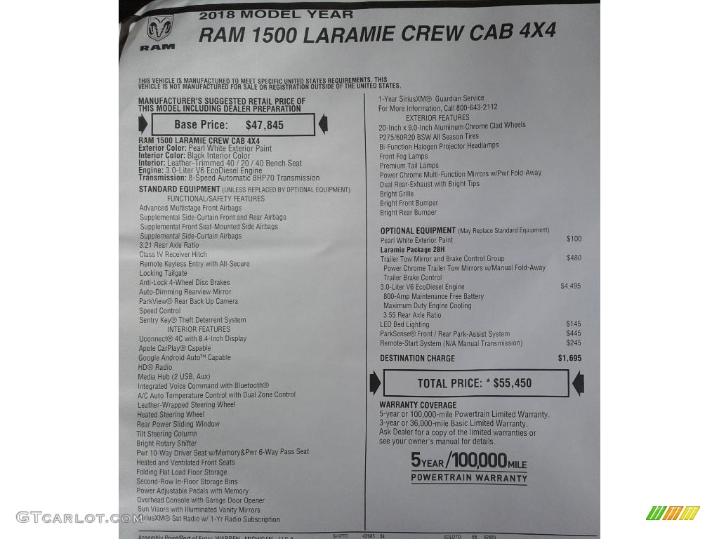 2018 1500 Laramie Crew Cab 4x4 - Pearl White / Black photo #34