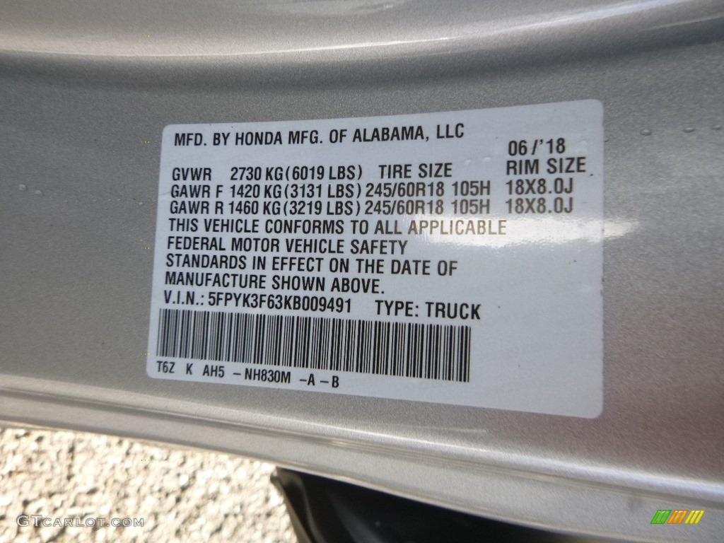 2019 Ridgeline Color Code NH830M for Lunar Silver Metallic Photo #130070343