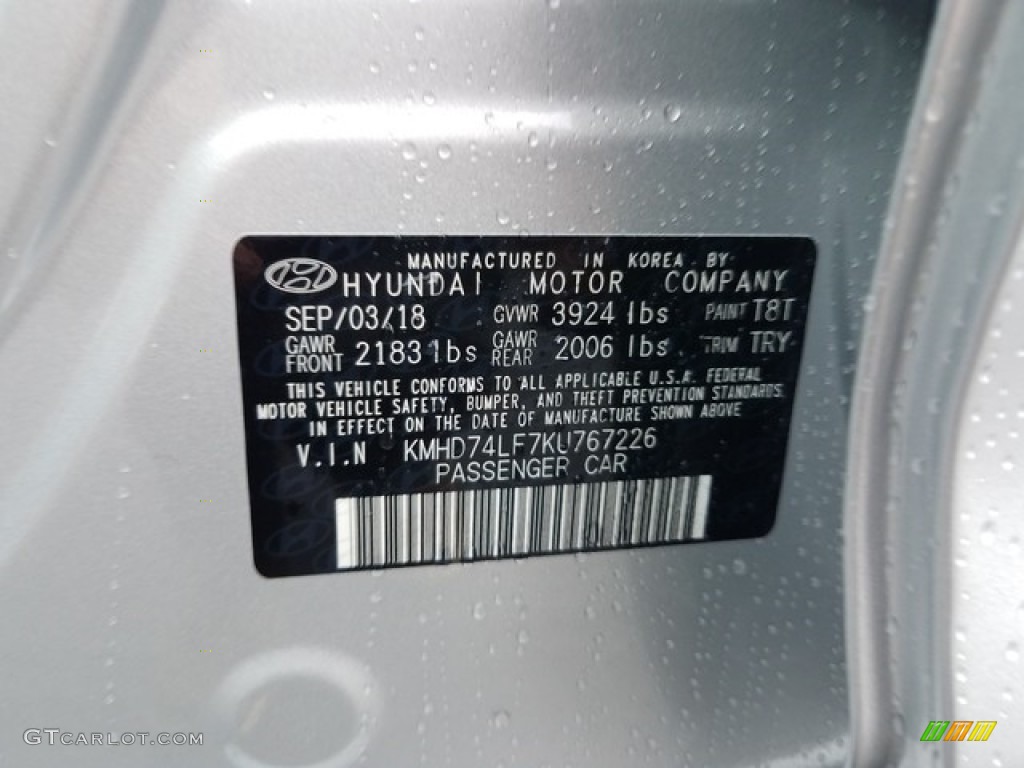 2019 Elantra Color Code T8T for Symphony Silver Photo #130074621