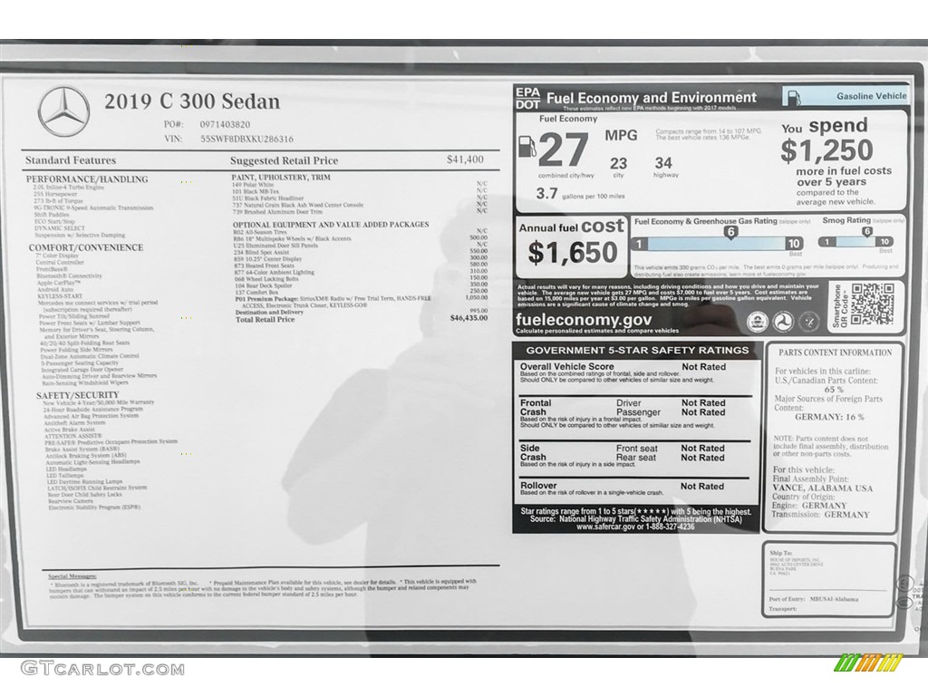 2019 Mercedes-Benz C 300 Sedan Window Sticker Photo #130082814