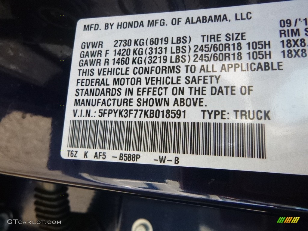 2019 Ridgeline Color Code B588P for Obsidian Blue Pearl Photo #130085328