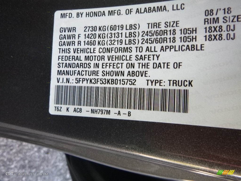 2019 Honda Ridgeline RTL AWD Color Code Photos