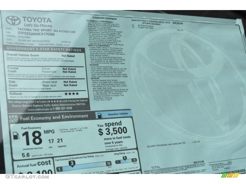 2019 Toyota Tacoma TRD Off-Road Access Cab 4x4 Window Sticker Photo #130101551