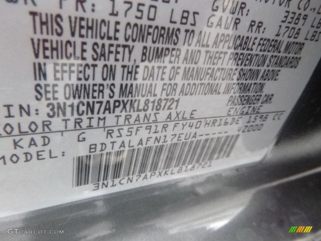 2019 Nissan Versa S Color Code Photos