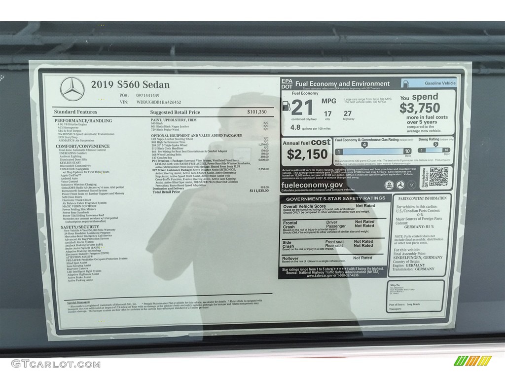 2019 Mercedes-Benz S 560 Sedan Window Sticker Photo #130122932