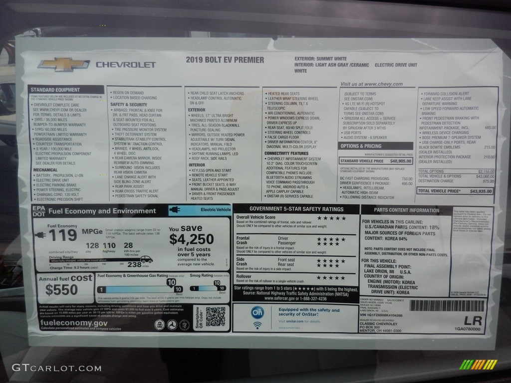 2019 Chevrolet Bolt EV Premier Window Sticker Photo #130123274