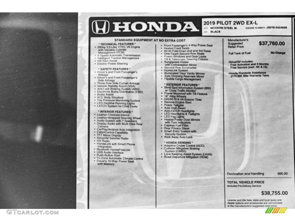2019 Honda Pilot EX-L Window Sticker Photo #130146437