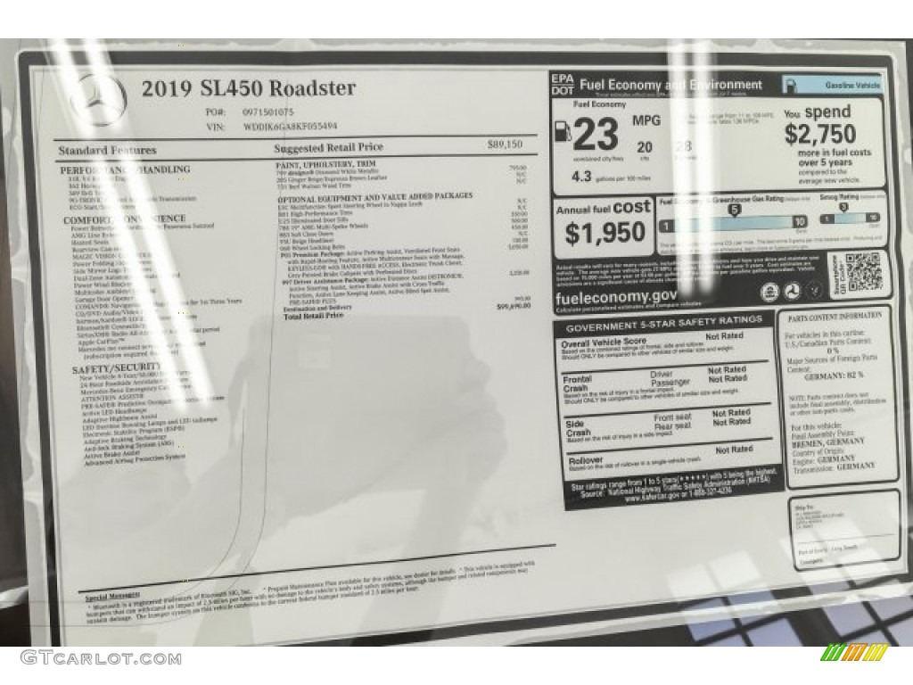 2019 Mercedes-Benz SL 450 Roadster Window Sticker Photo #130148516