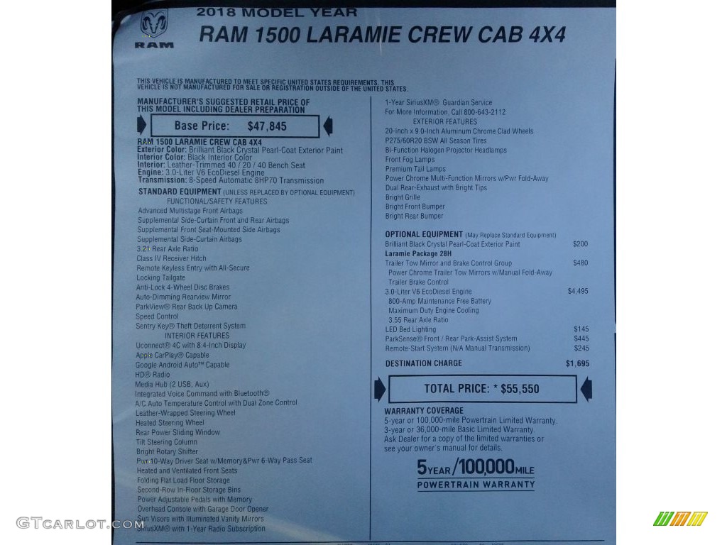 2018 Ram 1500 Laramie Crew Cab 4x4 Window Sticker Photo #130172697