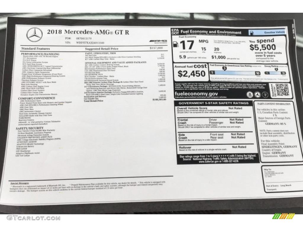 2018 Mercedes-Benz AMG GT R Coupe Window Sticker Photo #130207399