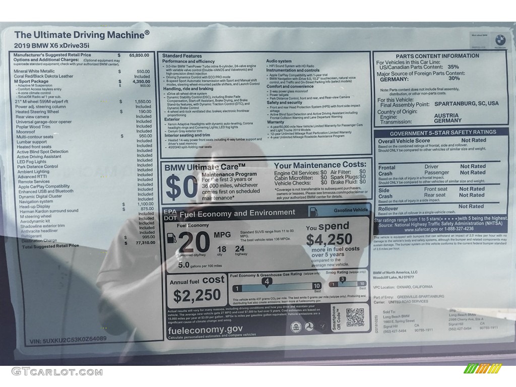 2019 BMW X6 xDrive35i Window Sticker Photos