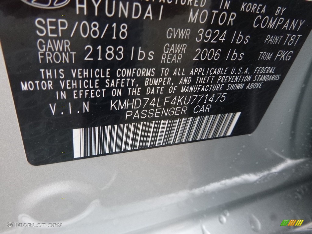 2019 Elantra Color Code T8T for Symphony Silver Photo #130232353