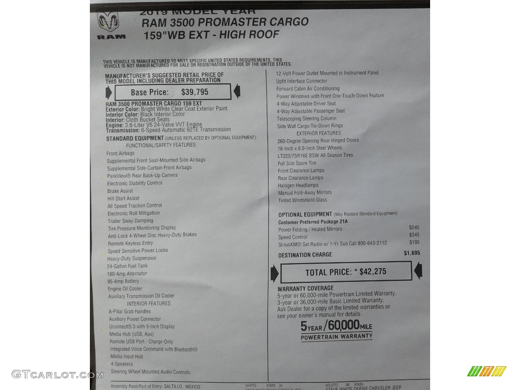 2019 Ram ProMaster 3500 High Roof Cargo Van Window Sticker Photo #130236313