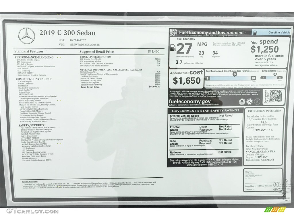 2019 Mercedes-Benz C 300 Sedan Window Sticker Photo #130238089