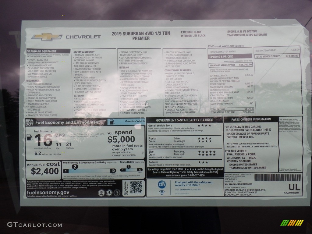 2019 Chevrolet Suburban Premier 4WD Window Sticker Photo #130267538