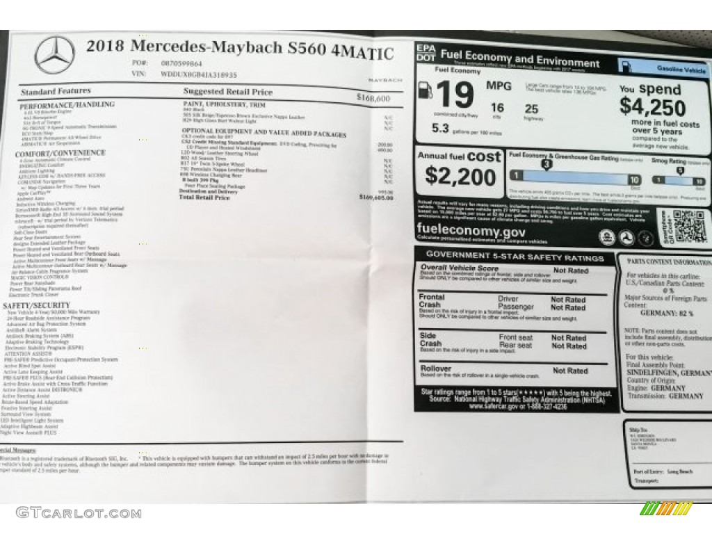 2018 Mercedes-Benz S Maybach S 560 4Matic Window Sticker Photos