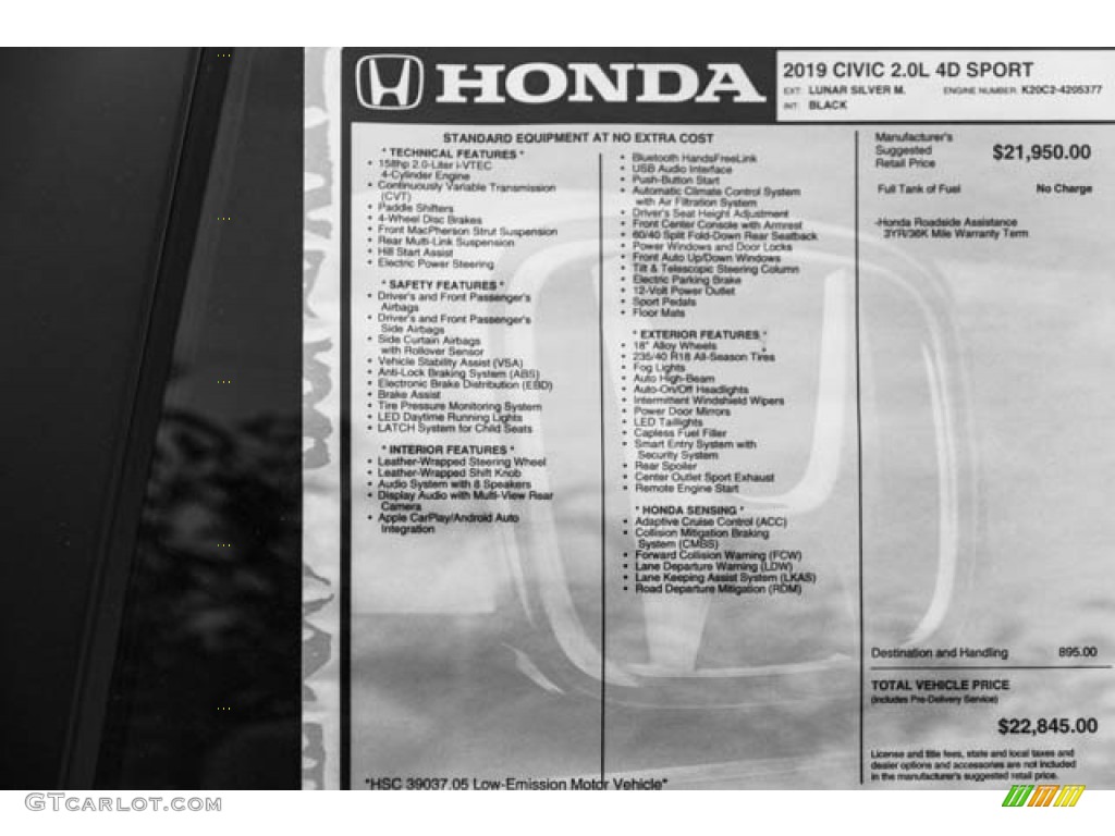 2019 Honda Civic Sport Sedan Window Sticker Photo #130359488