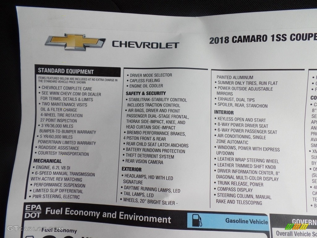2018 Chevrolet Camaro SS Coupe Window Sticker Photo #130360073