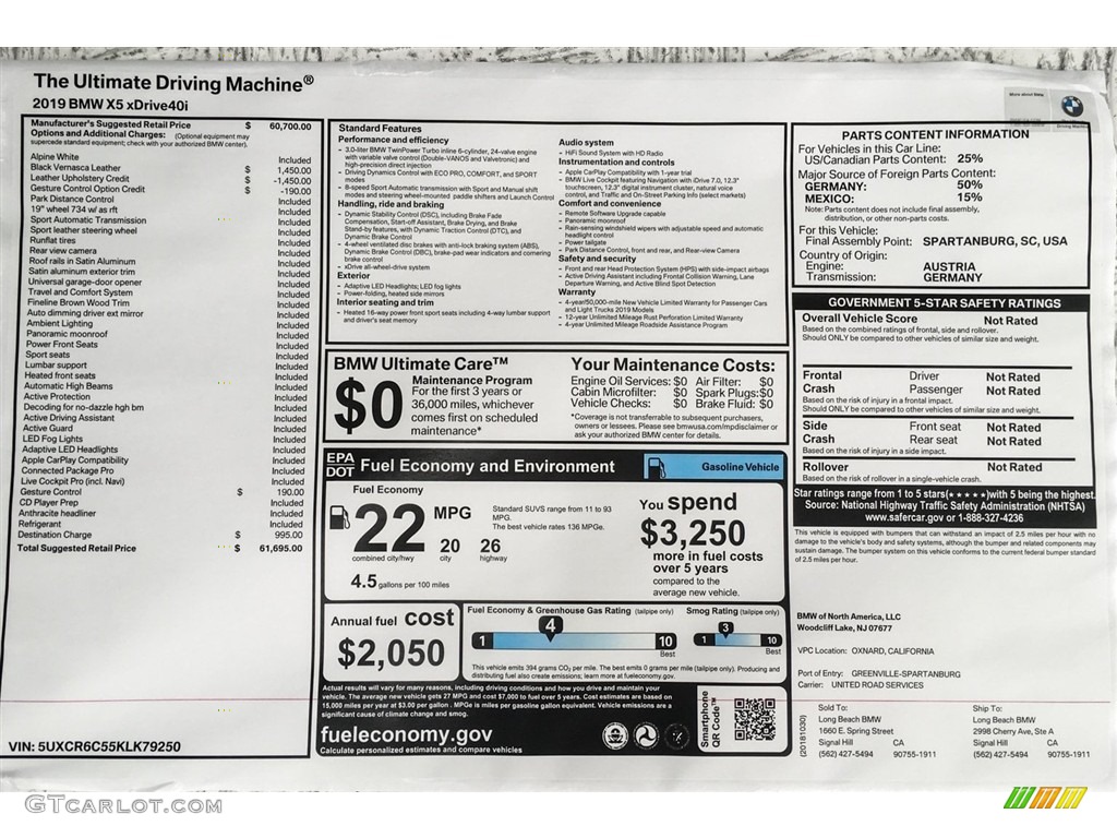 2019 BMW X5 xDrive40i Window Sticker Photo #130365449
