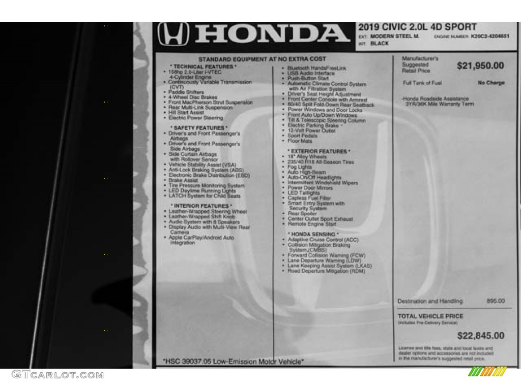 2019 Honda Civic Sport Sedan Window Sticker Photo #130394888