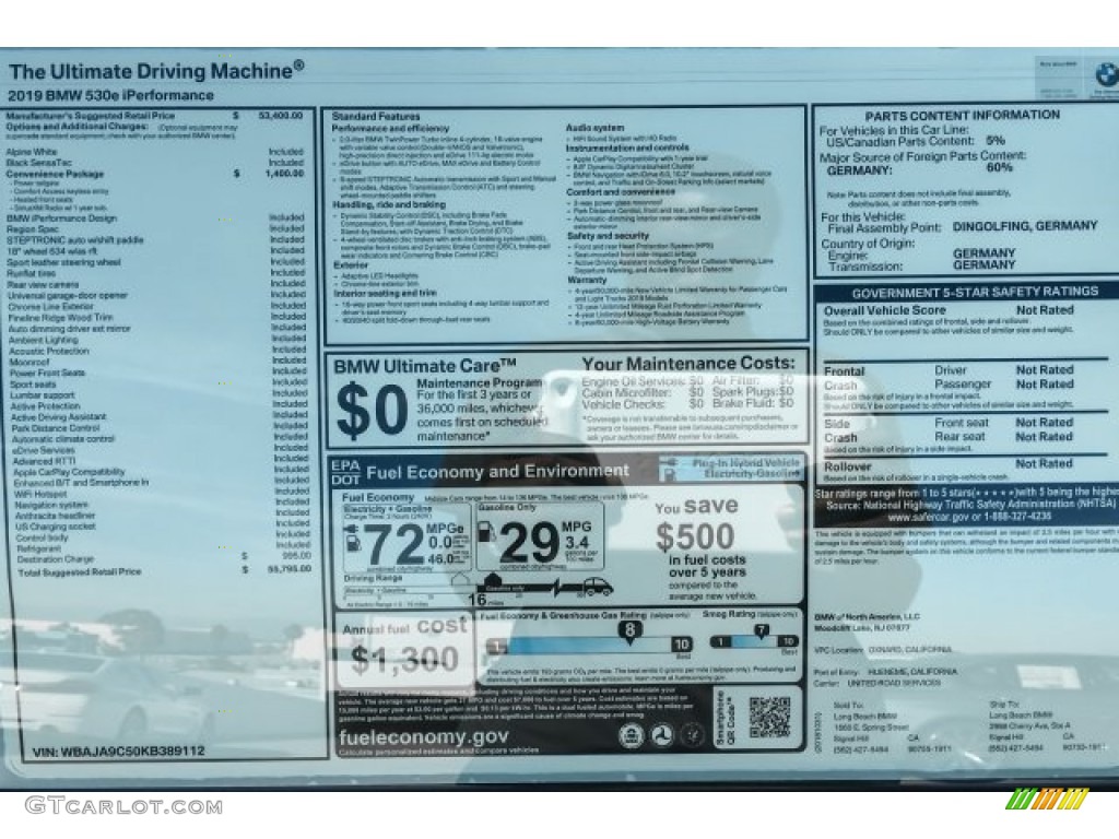 2019 5 Series 530e iPerformance Sedan - Alpine White / Black photo #10