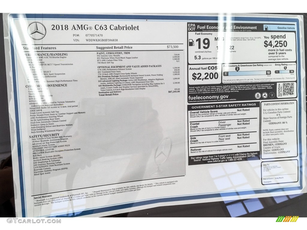 2018 Mercedes-Benz C 63 AMG Cabriolet Window Sticker Photos