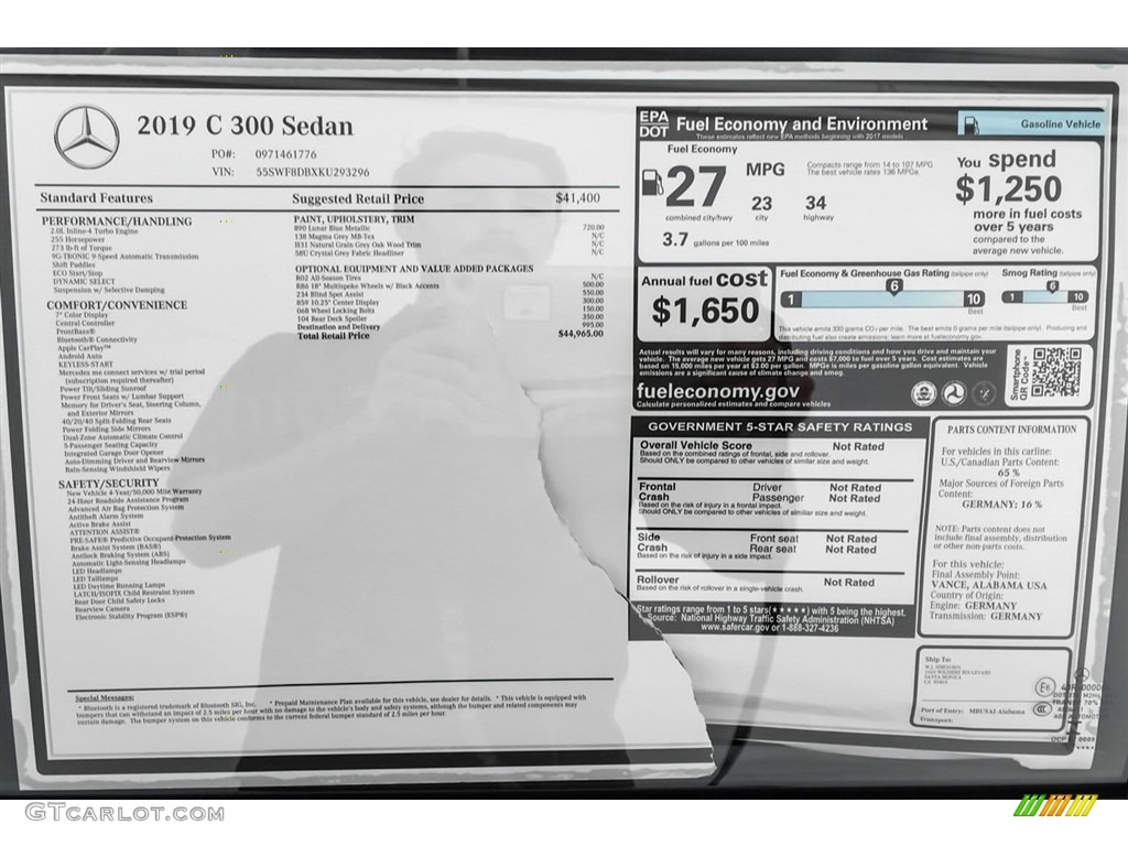 2019 Mercedes-Benz C 300 Sedan Window Sticker Photo #130444078