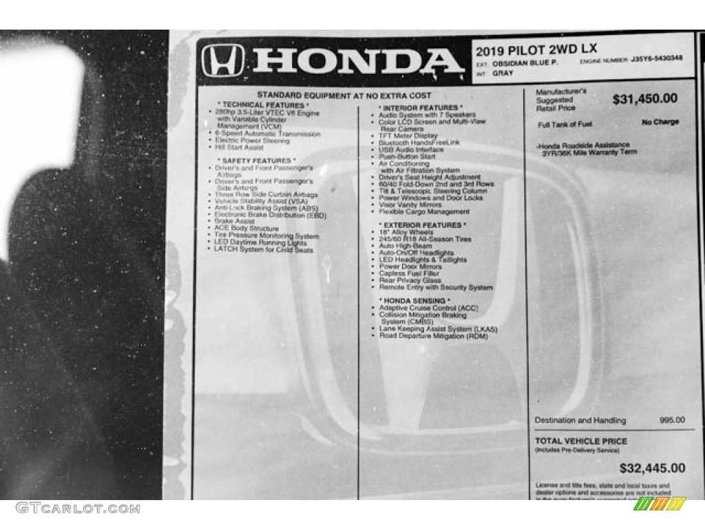 2019 Honda Pilot LX Window Sticker Photos