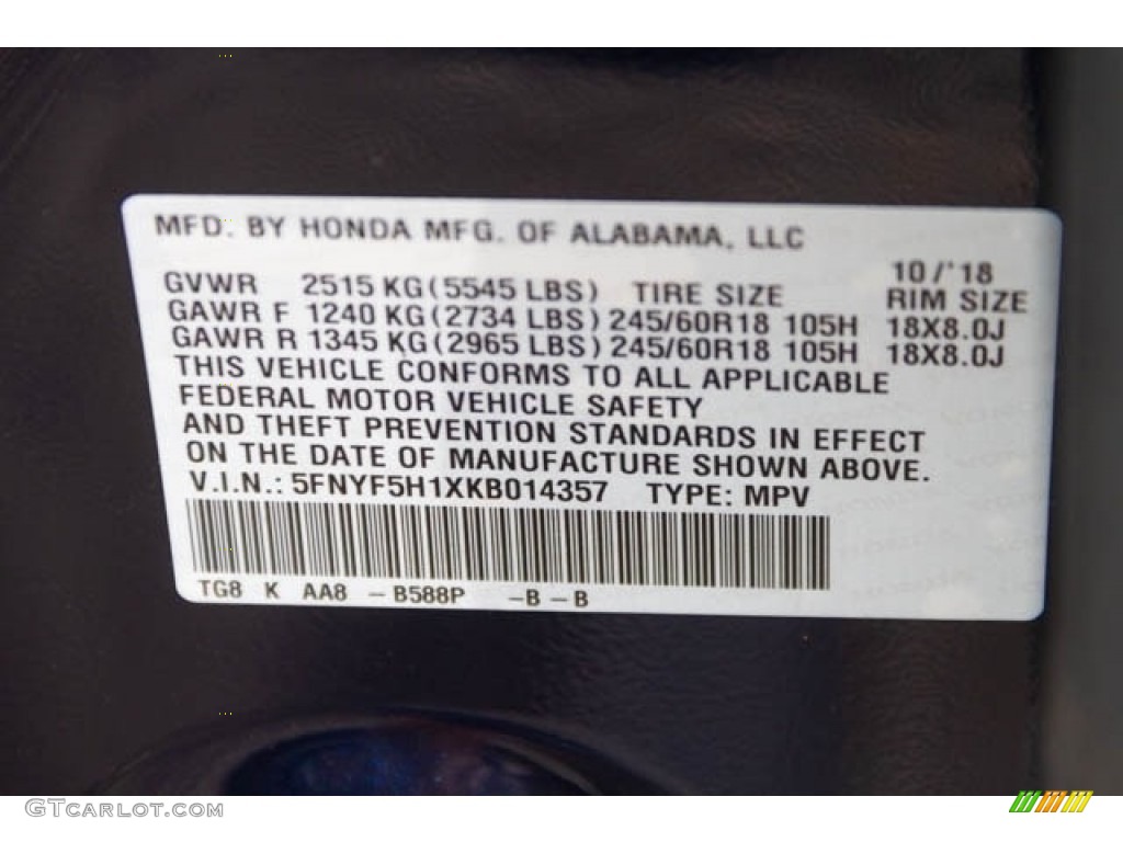 2019 Pilot Color Code B588P for Obsidian Blue Pearl Photo #130451090