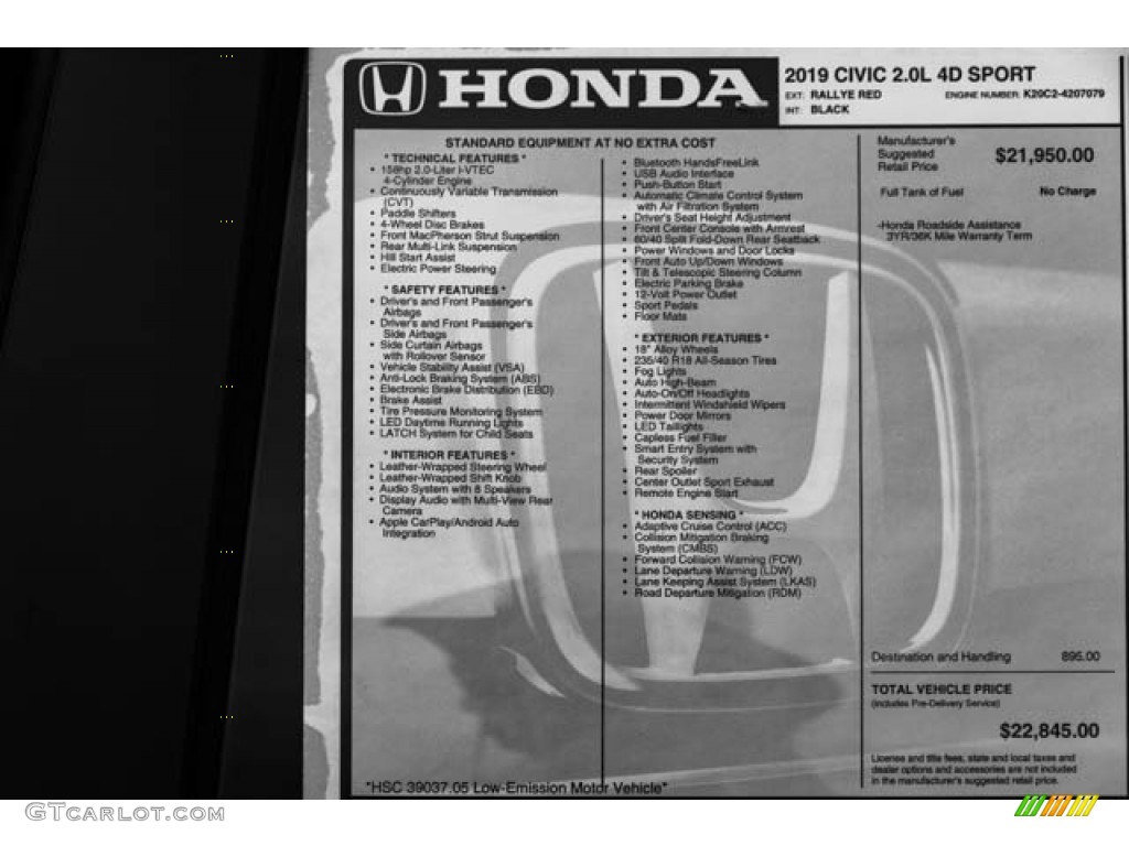 2019 Honda Civic Sport Sedan Window Sticker Photo #130459227