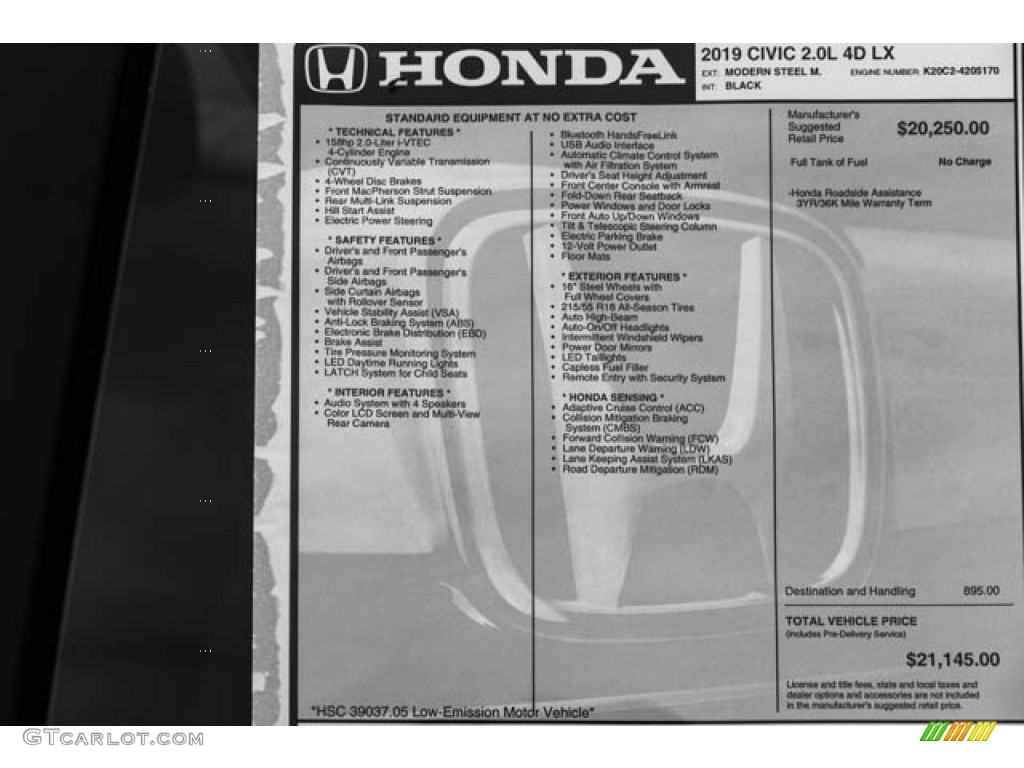 2019 Honda Civic LX Sedan Window Sticker Photo #130460363