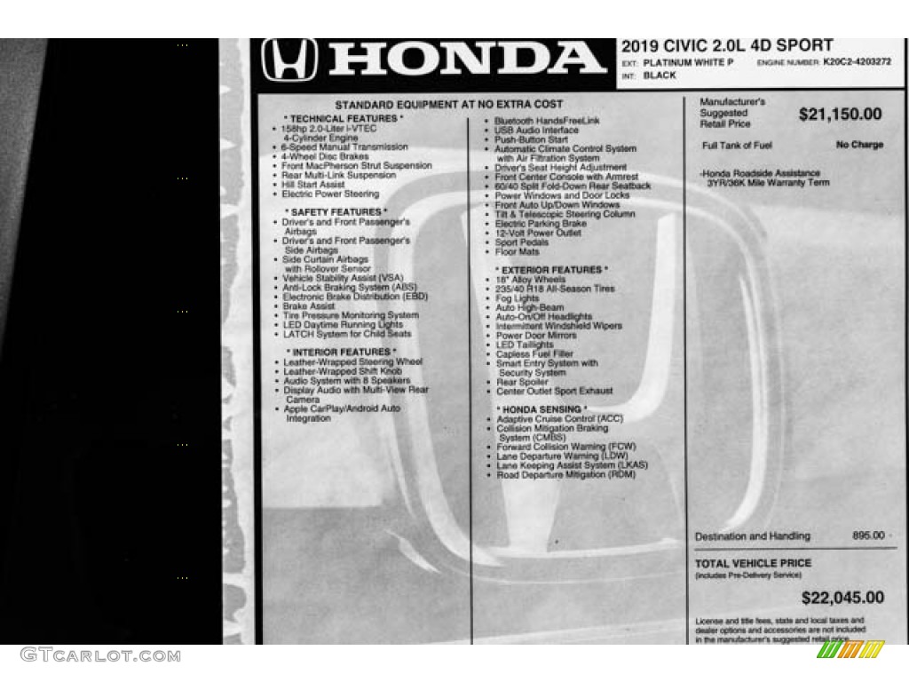 2019 Honda Civic Sport Sedan Window Sticker Photo #130461485