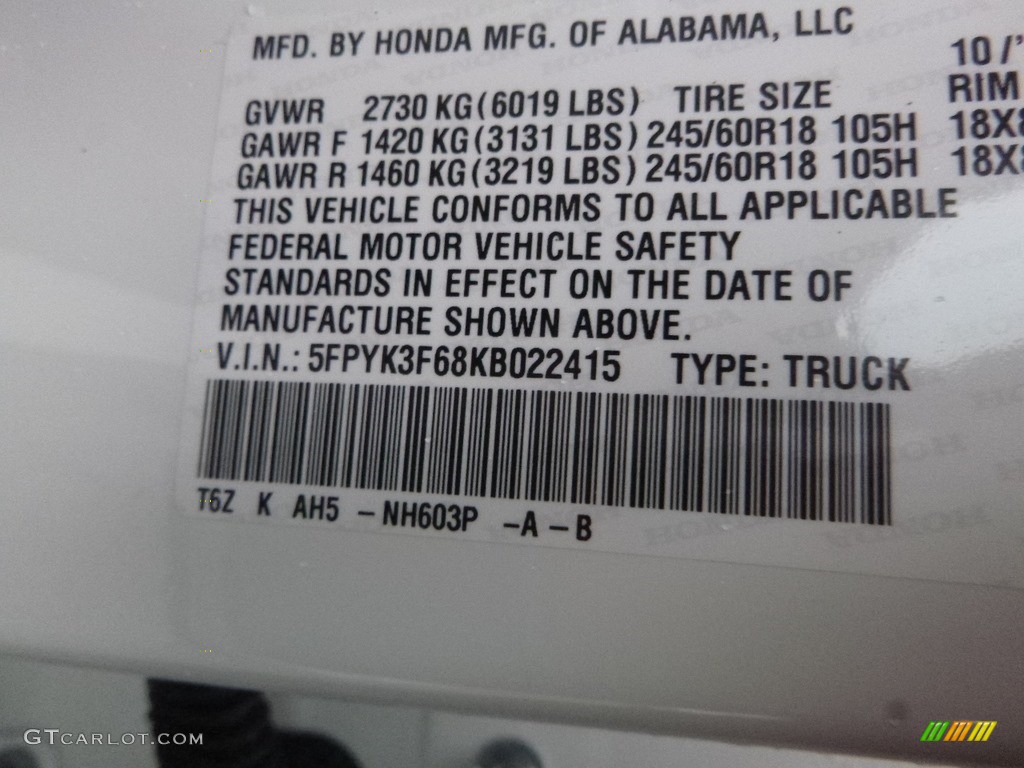 2019 Ridgeline Color Code NH603P for White Diamond Pearl Photo #130488947