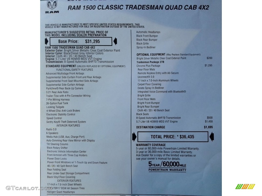 2019 Ram 1500 Classic Tradesman Quad Cab Window Sticker Photos
