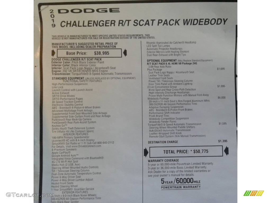2019 Dodge Challenger R/T Scat Pack Widebody Window Sticker Photo #130514627