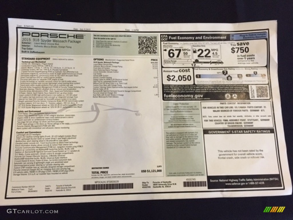2015 Porsche 918 Spyder with Weissach Package Window Sticker Photos