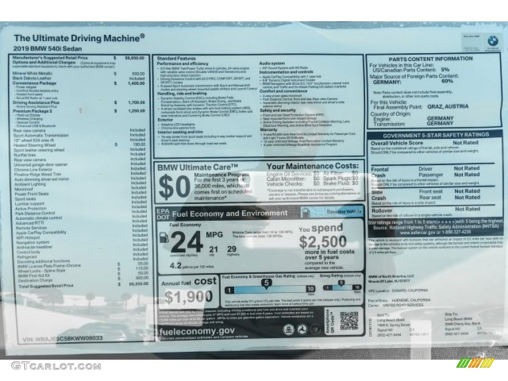 2019 5 Series 540i Sedan - Mineral White Metallic / Black photo #10