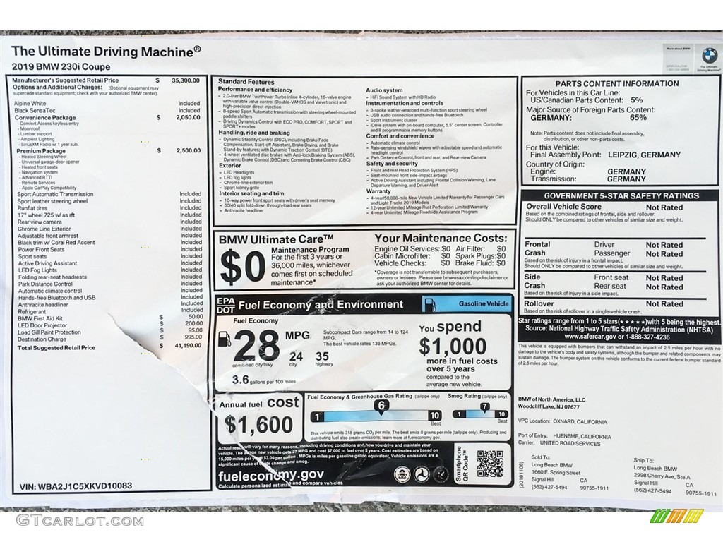 2019 BMW 2 Series 230i Coupe Window Sticker Photo #130528534