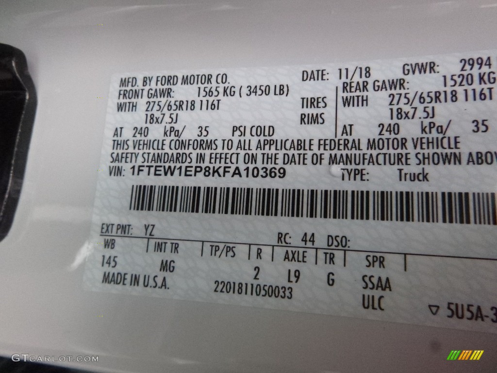 2019 F150 Color Code YZ for Oxford White Photo #130545557