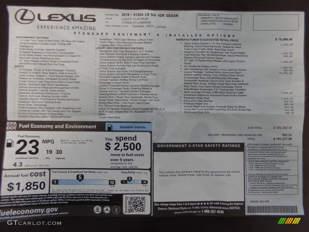 2018 Lexus LS 500 Window Sticker Photo #130546271