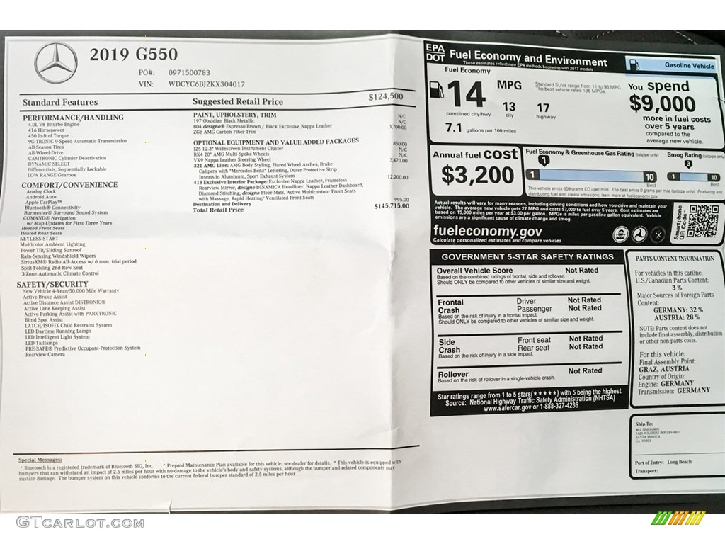 2019 Mercedes-Benz G 550 Window Sticker Photo #130548038