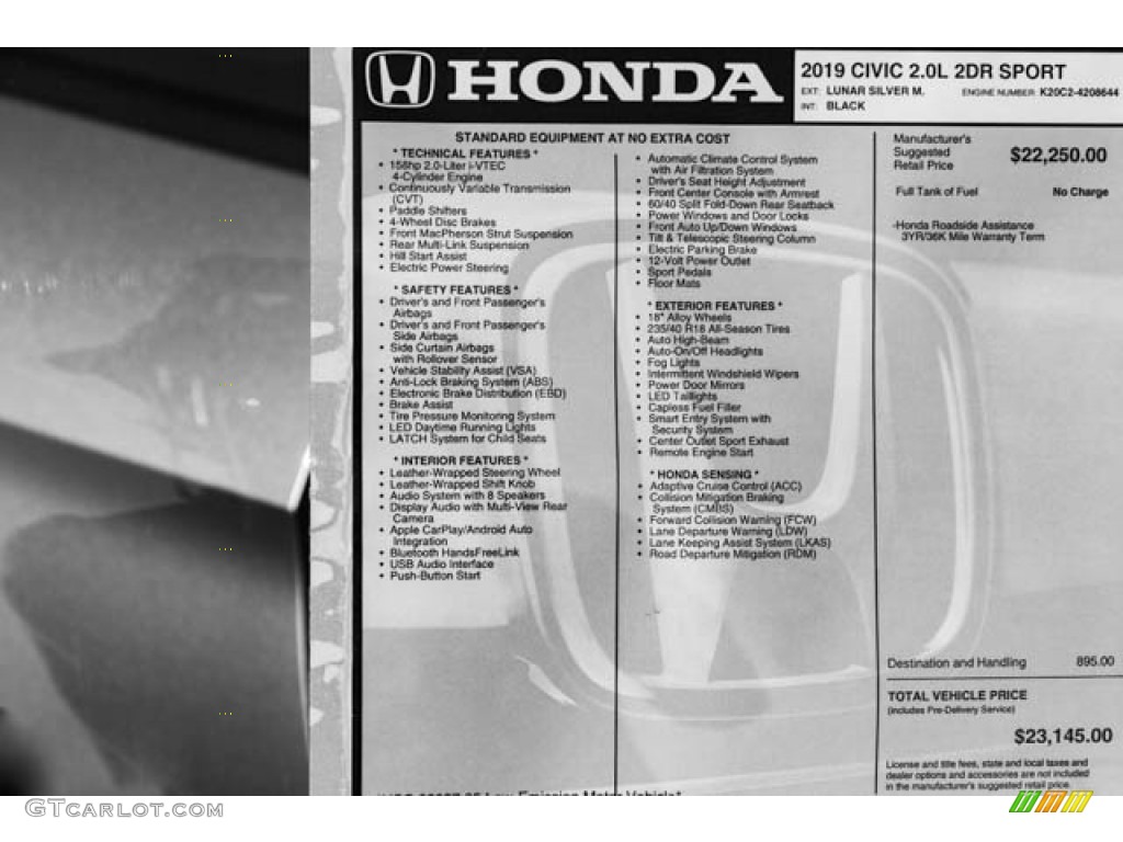 2019 Honda Civic Sport Coupe Window Sticker Photo #130553975