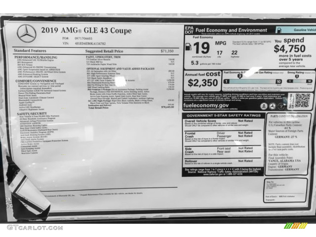 2019 Mercedes-Benz GLE 43 AMG 4Matic Coupe Window Sticker Photo #130555175