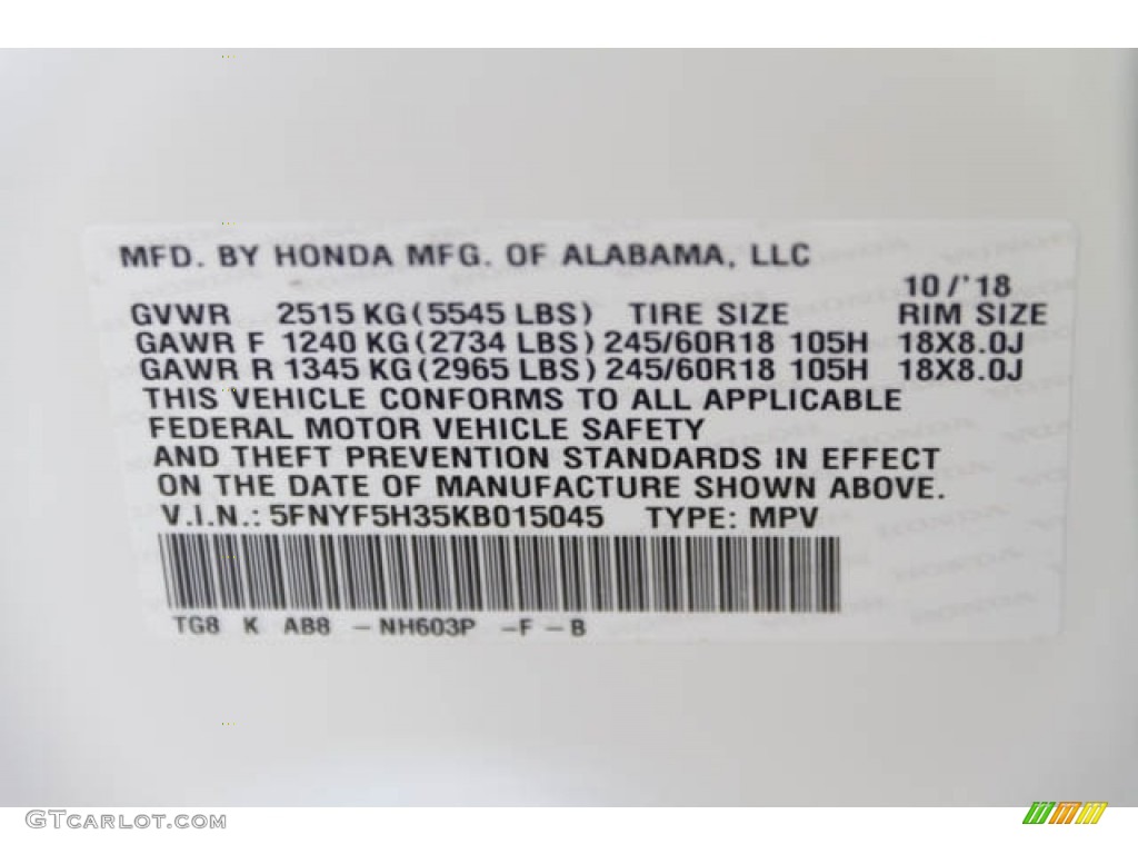 2019 Pilot Color Code NH603P for White Diamond Pearl Photo #130556294