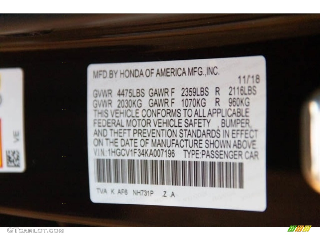 2019 Accord Color Code NH731P for Crystal Black Pearl Photo #130557047