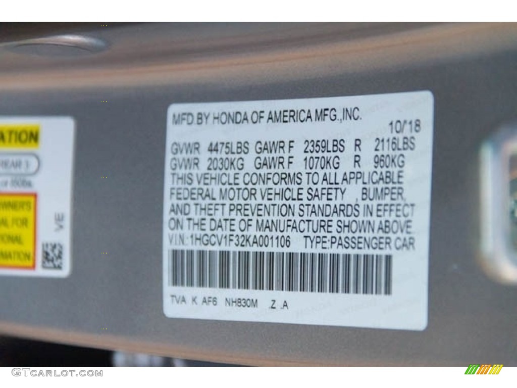 2019 Accord Color Code NH830M for Lunar Silver Metallic Photo #130562336